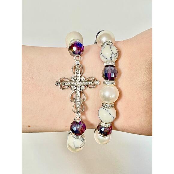Crystal Cross Pearl Howlite Crystal Bracelet Set - Picture 4 of 12